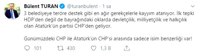 AK Partili Turan, HDP'li 3 belediyeye kayyum atanmasına tepki gösteren CHP'lilere çıkıştı