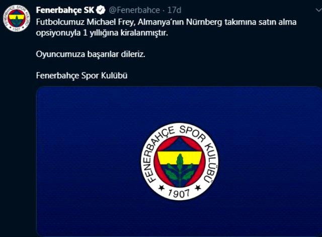 Fenerbahçe, Frey'i Nürnberg'e kiraladığını resmen açıkladı
