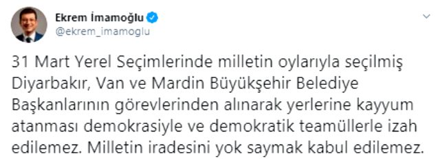 HDP'li belediye başkanlarının görevden alınmasına İmamoğlu'ndan tepki: Kabul edilemez