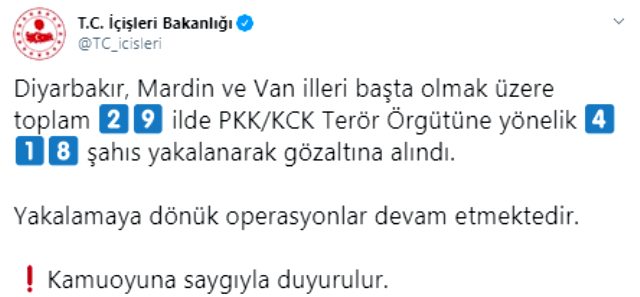 Kayyum kararının ardından 29 ilde PKK operasyonu: 418 şüpheli gözaltına alındı