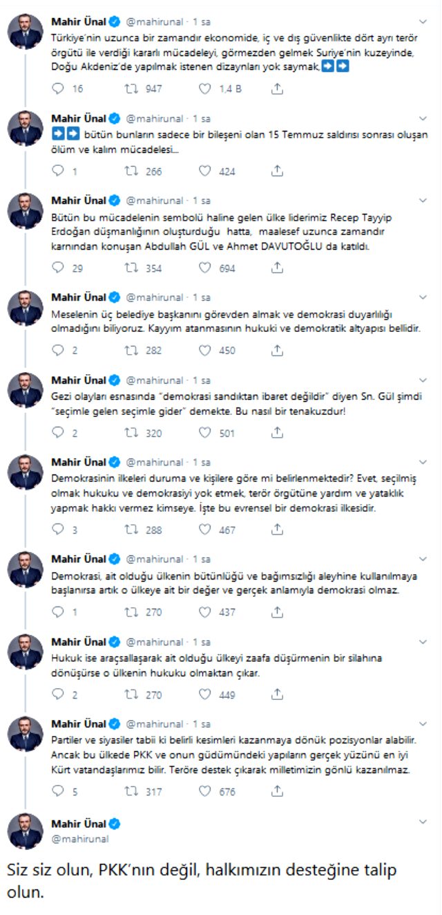 Davutoğlu ve Gül'ün kayyum açıklamalarını, AK Partili Mahir Ünal çok ağır sözlerle eleştirdi