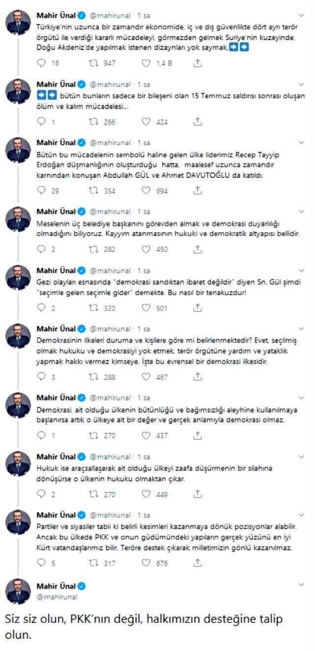 Davutoğlu ve Gül'ün kayyum açıklamalarını, AK Partili Mahir Ünal çok ağır sözlerle eleştirdi