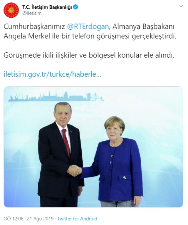 Cumhurbaşkanı Erdoğan, Angela Merkel ile telefonda görüştü