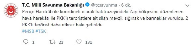 Irak kuzeyinde 2 terörist etkisiz hale getirildi