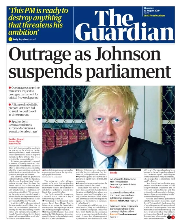 Brexit - Boris Johnson'ın parlamentoyu askıya alması İngiltere'de gazete manşetlerinde:...