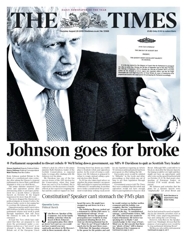 Brexit - Boris Johnson'ın parlamentoyu askıya alması İngiltere'de gazete manşetlerinde:...