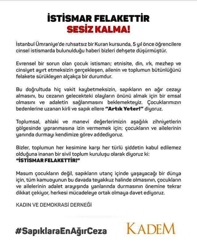 Ruhsatsız kursta çocukların istismara uğramasıyla ilgili KADEM'den açıklama: En ağır cezayı istiyoruz