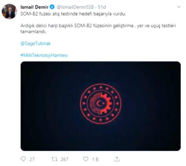 SOM-B2 füzesi atış testinde hedefi başarıyla vurdu
