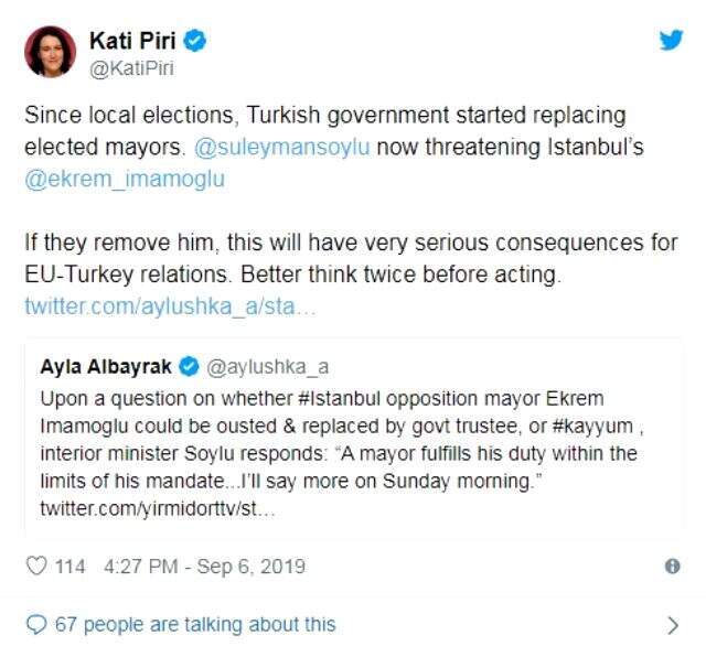 AB'den Bakan Soylu'ya: İstanbul'a kayyumun ciddi sonuçları olur, iki kez düşünün Avrupa Parlamentosu Türkiye Raportörü Kati Piri'den Bakan Soylu'ya: İstanbul'a kayyumun ciddi sonuçları olur