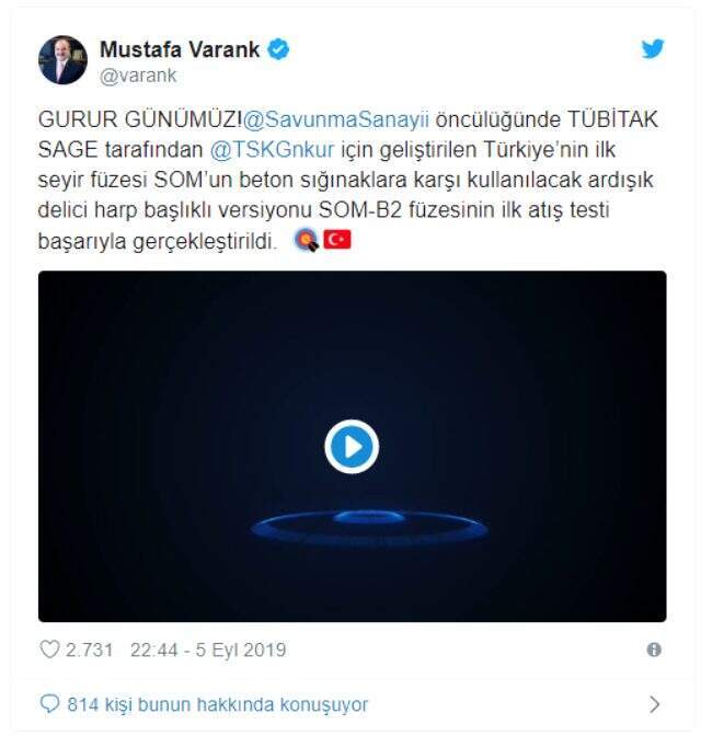 Bakan Varank duyurdu: SOM-B2 füzesinin ilk atış testi başarıyla gerçekleştirildi Türkiye'nin ilk seyir füzesi SOM-B2'nin atış testi başarıyla gerçekleşti