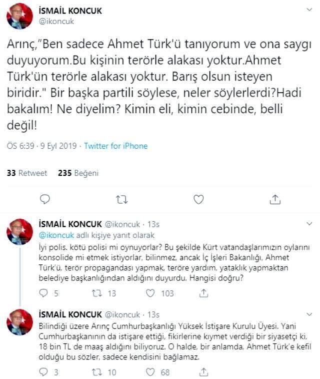 Bülent Arınç'ın Ahmet Türk yorumuna MHP'li isimden sert tepki: Erdoğan'a savaş açmıştır