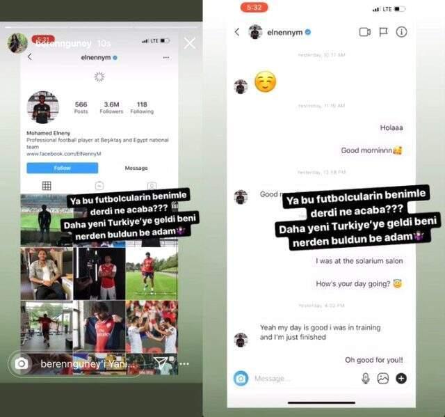 Beren Güney, Beşiktaşlı futbolcu Elneny'nin kendisine attığı mesajları paylaştı
