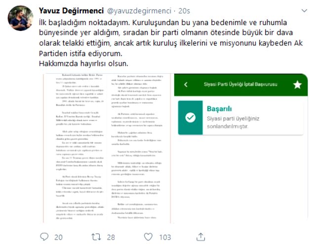 AK Parti Eski İstanbul il yönetim kurulu üyesi Yavuz Değirmenci, partisinden istifa etti