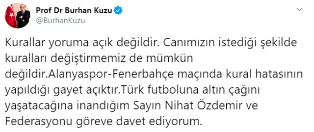 Burhan Kuzu'dan Fenerbahçe'ye destek: Kural hatası yapıldığı gayet açıktır