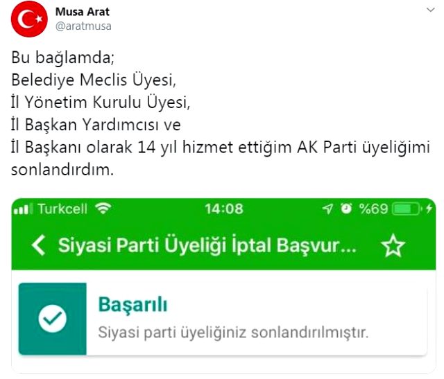 Davutoğlu'na yakınlığıyla bilinen Musa Arat AK Parti'den istifa etti