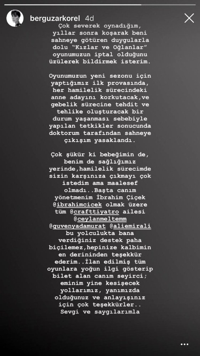 Bergüzar Korel, hamilelik süreci boyunca sahnede olmayacak