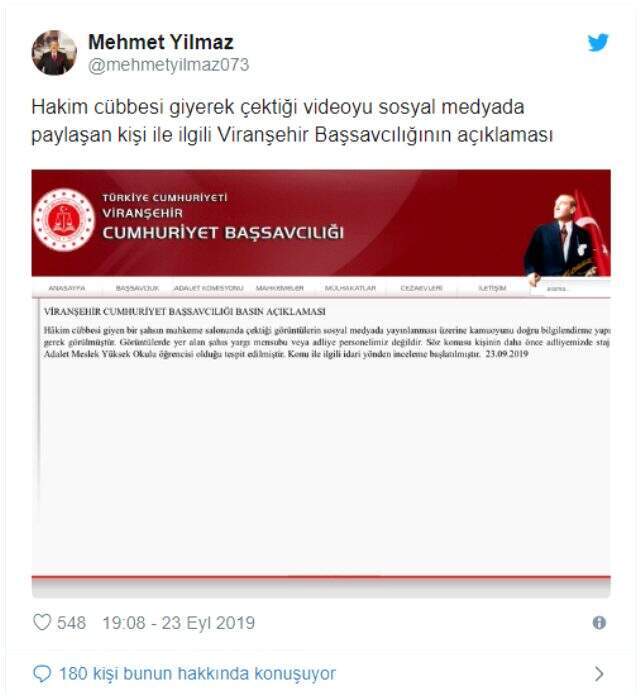 Viranşehir Başsavcılığı duyurdu: Sosyal medyadaki görüntüler bir yargı mensubuna ait değil Viranşehir Başsavcılığı duyurdu: Sosyal medyadaki görüntüler bir yargı mensubuna ait değil