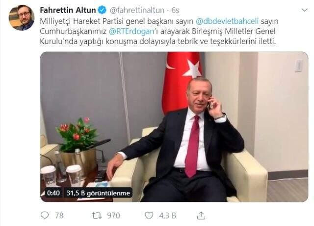 Bahçeli, BM Genel Kurulu konuşması nedeniyle Cumhurbaşkanı Erdoğan'ı telefonda tebrik etti