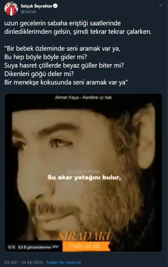 Selçuk Bayraktar, sosyal medyadan Ahmet Kaya'nın şarkısını paylaştı