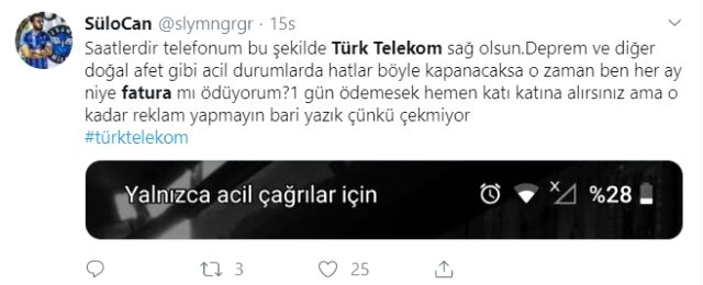 Deprem sonrası Türk Telekom'dan hizmet alamayan vatandaşlar, bu ay fatura alınmamasını istedi