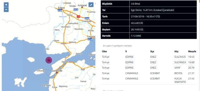Ege Denizi'nde 3.9 büyüklüğünde deprem Ege Denizi'nde 3.9 büyüklüğünde deprem
