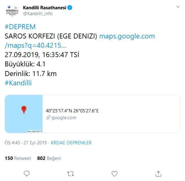 Ege Denizi'nde 3.9 büyüklüğünde deprem Ege Denizi'nde 3.9 büyüklüğünde deprem