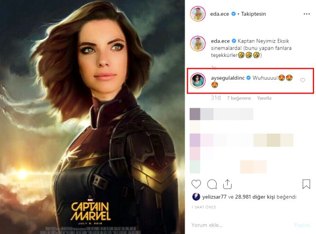 Fanlarından oyuncu Eda Ece'ye Kaptan Marvel kolajı
