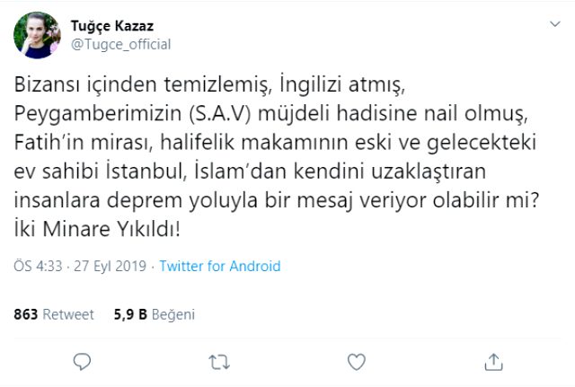 Tuğçe Kazaz'ın deprem paylaşımı Twitter'da tepki çekti