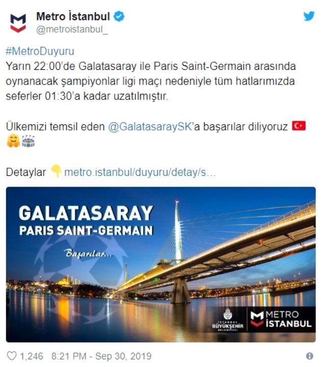 İBB, Galatasaray- <a class='keyword-sd' href='/psg/' title='PSG'>PSG</a> maçı sebebiyle metro seferlerini uzattı