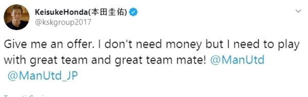 Ünlü Japon futbolcu Honda Twitter'dan kendine kulüp arıyor!