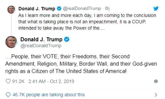 Donald Trump, hakkındaki görevden alma soruşturmasının darbe olduğunu söyledi Donald Trump, hakkındaki görevden alma soruşturmasının darbe olduğunu söyledi
