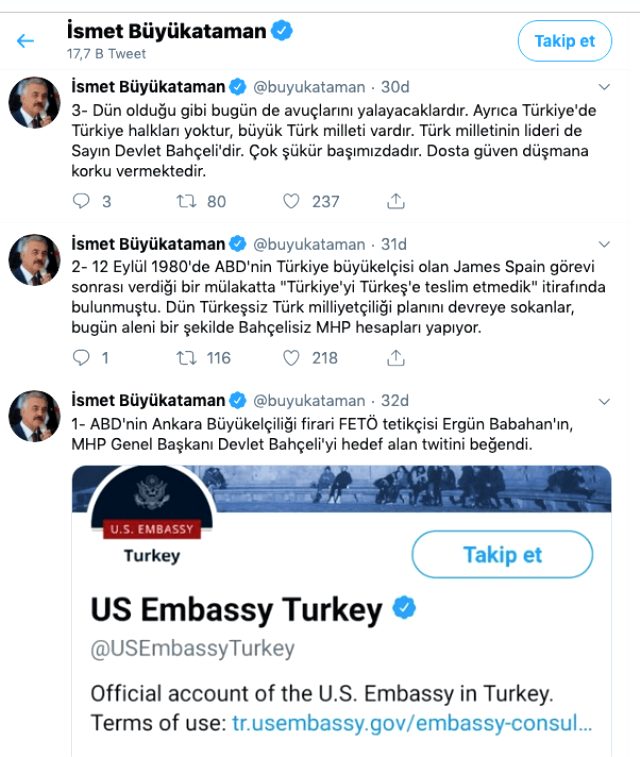 ABD Büyükelçiliği, FETÖ firarisi Ergun Babahan'ın Bahçeli tweetini beğendi