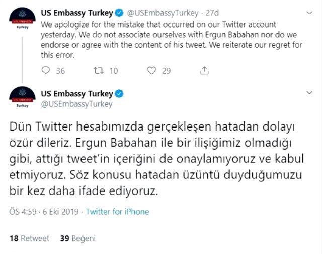 ABD Büyükelçiliği FETÖ'cü Babahan'ın Bahçeli'yi hedef alan tweetini beğenmesi üzerine ikinci kez özür diledi