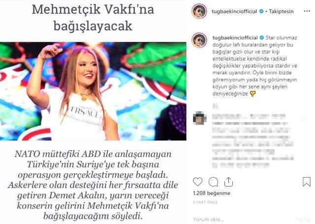 Tuğba Ekinci, konser gelirini Mehmetçik Vakfı'na bağışlayacak olan Demet Akalın'a sitem etti: Bu bağışlar gizli olur