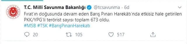 Barış Pınarı Harekatı'nda etkisiz hale getirilen terörist sayısı 673'e yükseldi
