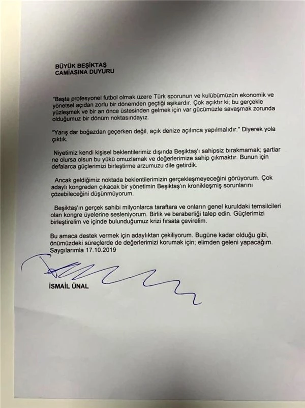 Beşiktaş'ta İsmail Ünal başkan adaylığından çekildi