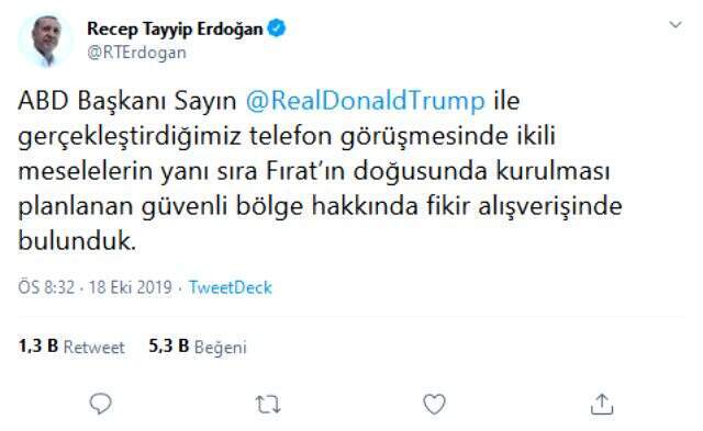 Erdoğan'dan Trump ile yaptığı görüşmeye ilişkin açıklama: Güvenli bölge hakkında fikir alış verişinde bulunduk Erdoğan'dan Trump ile yaptığı görüşmeye ilişkin açıklama: Güvenli bölge hakkında fikir alış verişinde bulunduk