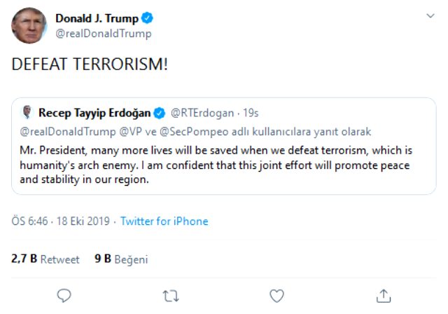 Donald Trump'tan Erdoğan'ın Twitter mesajına yanıt: Terörizmi yenelim