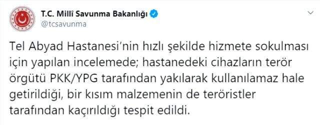 Terör örgütü YPG/PKK Tel Abyad Hastanesi'ndeki cihazları yakmış!