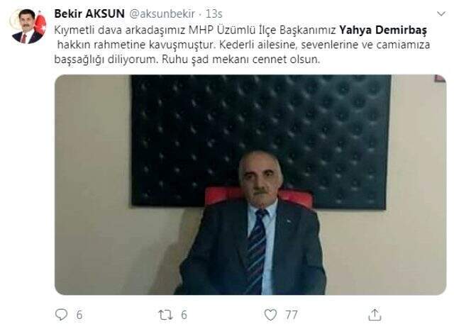 MHP Üzümlü İlçe Başkanı hayatını kaybetti MHP Üzümlü İlçe Başkanı Yahya Demirbaş hayatını kaybetti