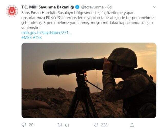 Barış Pınarı Harekatı'ndan acı haber: 1 askerimiz şehit, 5 askerimiz yaralı