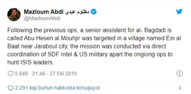 Bunu da gördük! YPG'li teröristbaşı Mazlum Kobani, DAEŞ Sözcüsü Muhacir'in öldürüldüğünü duyurdu