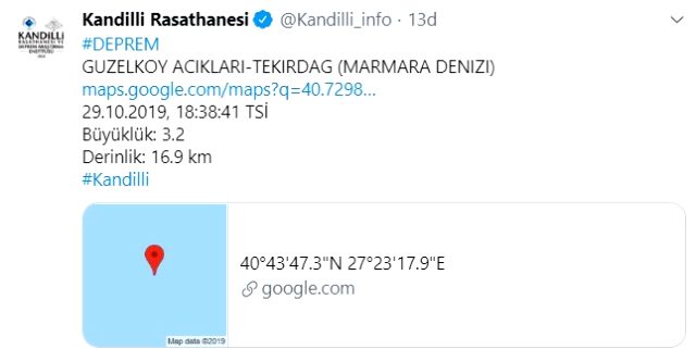 Marmara'da 3.2 büyüklüğünde deprem meydana geldi