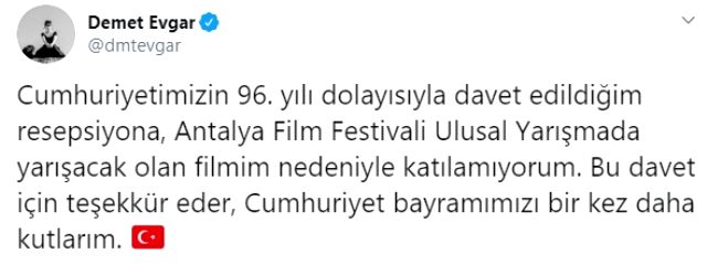 Oyuncu Demet Evgar, film festivali nedeniyle külliyede düzenlenecek davete katılamayacak