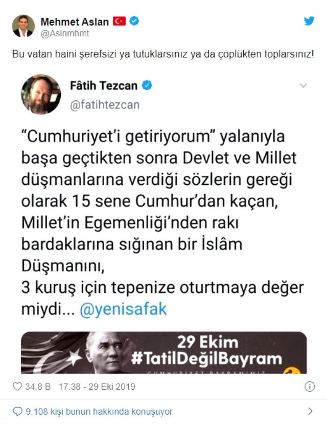 Atatürk'e hakaretler yağdıran Yazar Fatih Tezcan'a AK Parti ve İYİ Parti'den büyük tepki: Soruşturma açılsın