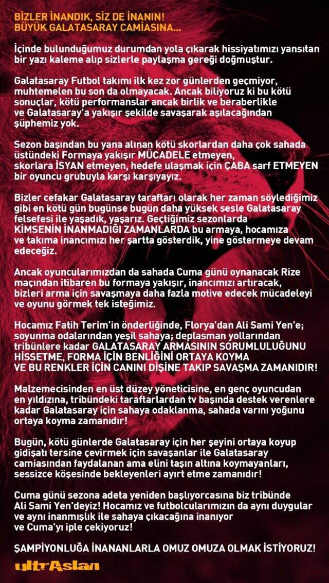 Galatasaray taraftarından destek çağrısı