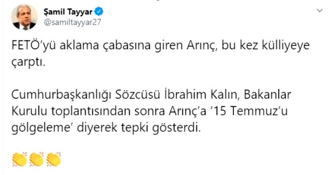 AK Parti eski Milletvekili Şamil Tayyar: FETÖ'yü aklama çabasına giren Arınç, bu kez külliyeye çarptı