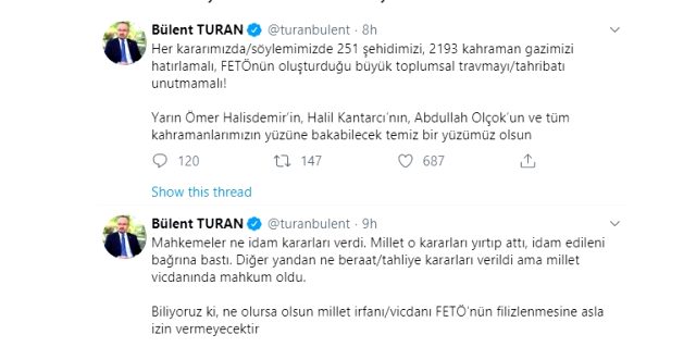 Ilıcak ve Altan'ın tahliyesini AK Parti Grup Başkanvekili Turan yorumladı: FETÖ'nün filizlenmesine asla izin verilmeyecek
