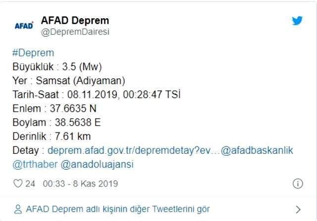 Adıyaman'da 3.5 büyüklüğünde deprem meydana geldi