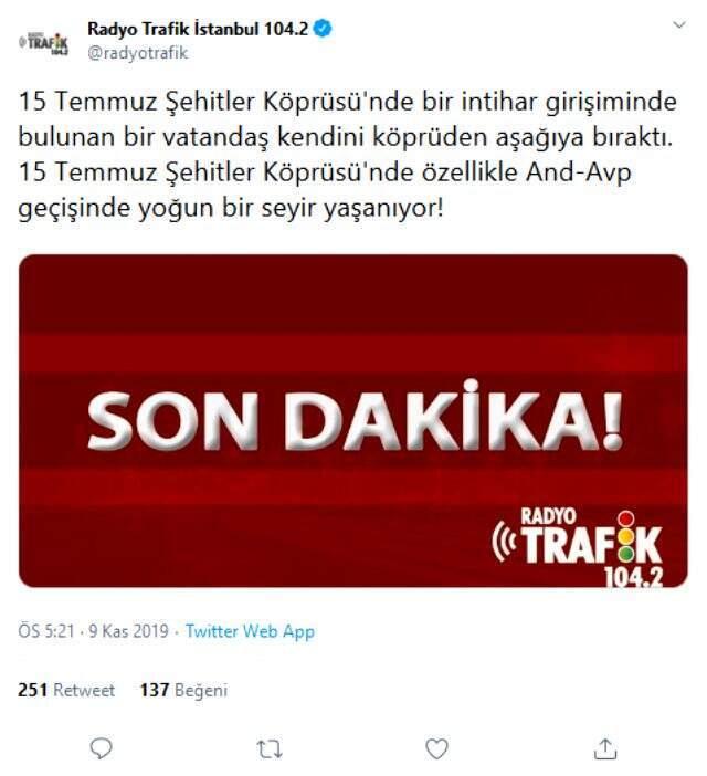 15 Temmuz Şehitler Köprüsü'nde intihar! Bir vatandaş kendini köprüden attı